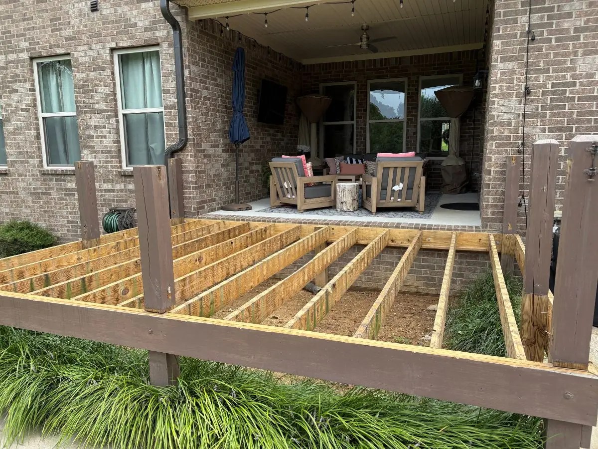 Deck framing over bare ground before rebuild in Middle Tennessee