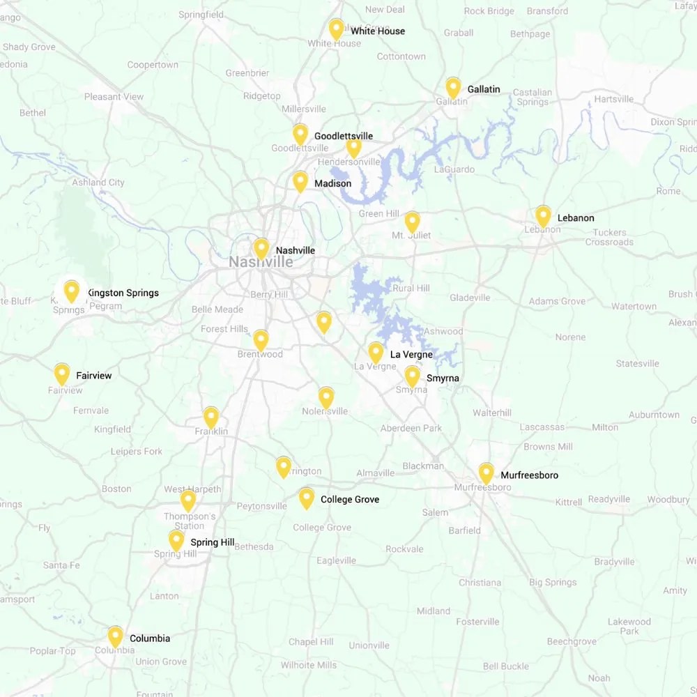 Map of the 22 Middle Tennessee cities Just Decks builds in